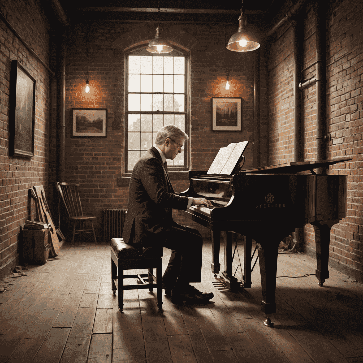 Stephen Harper playing piano in a warmly lit room with exposed brick walls and industrial-style lighting