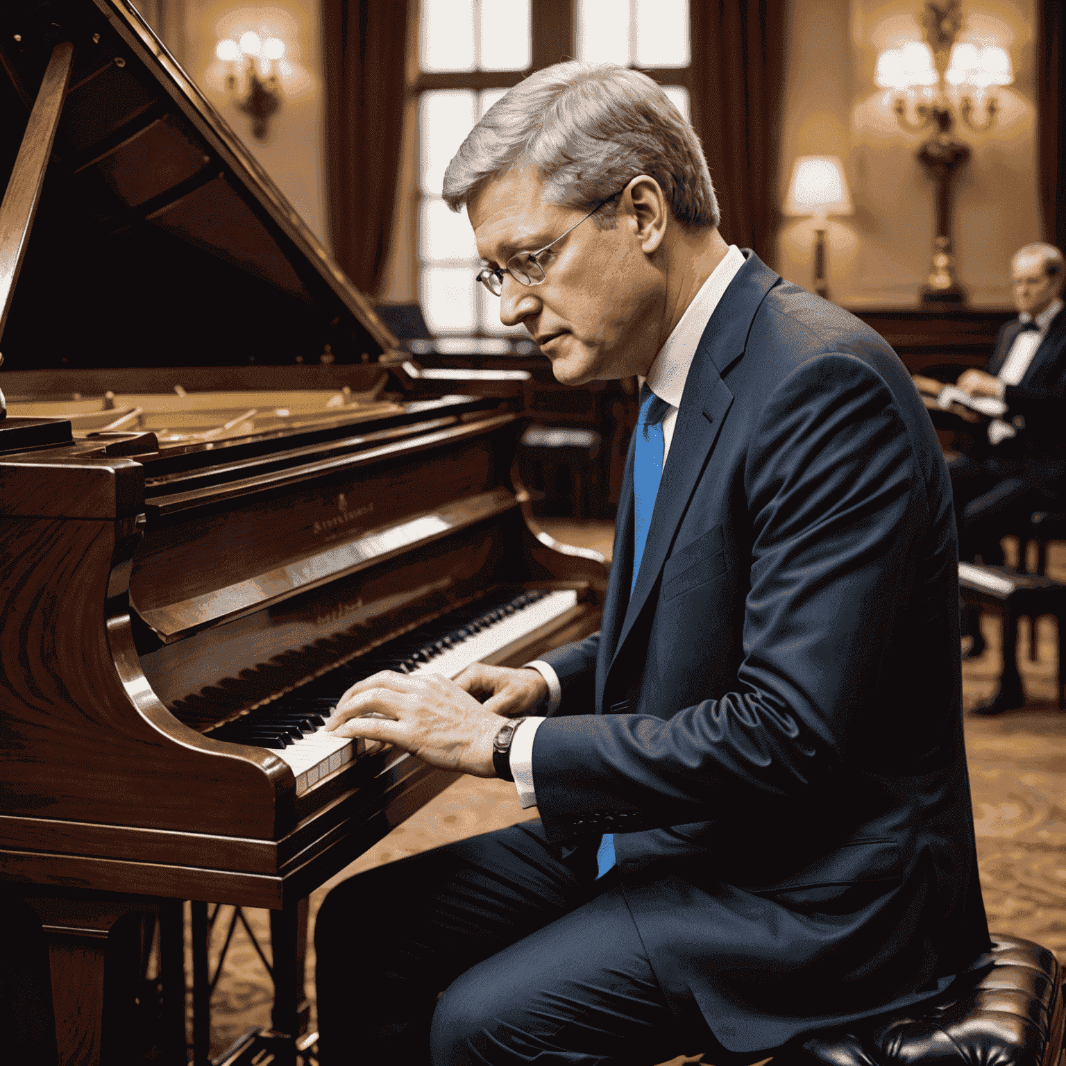 Stephen Harper playing piano, showcasing his musical talents and passion for classical music