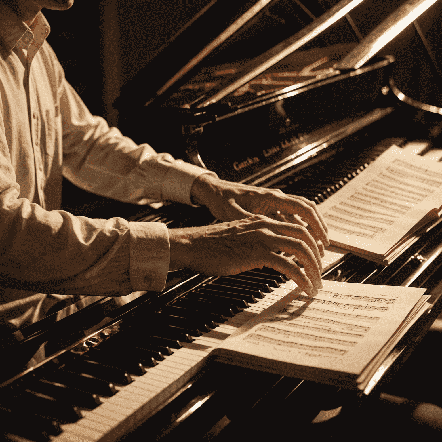 A person sitting at a grand piano, hands poised over the keys, sheet music open, with a warm, soft light illuminating the scene, representing the journey of learning to play the piano