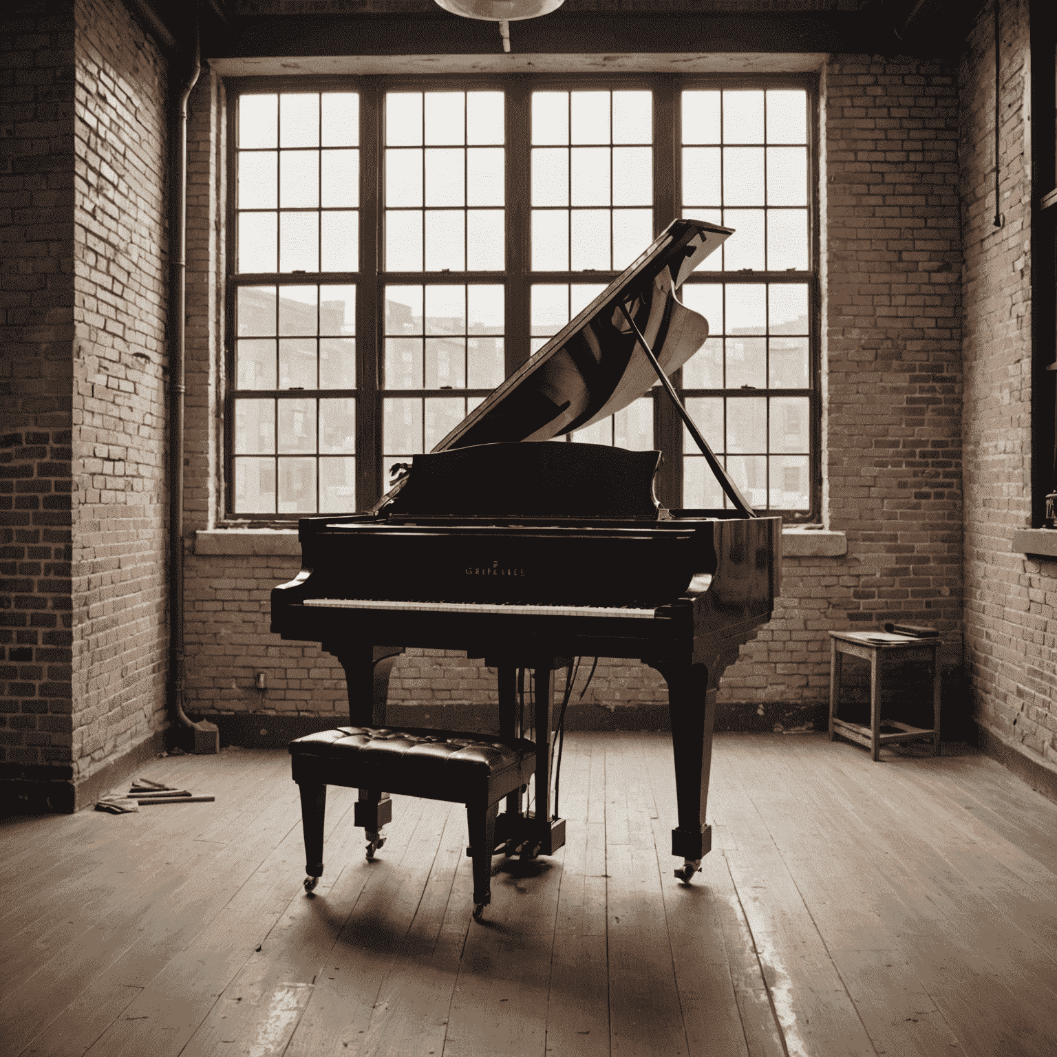 A grand piano in an industrial loft setting, with exposed brick walls and large factory-style windows. The piano is positioned near a wall with vintage sheet music framed as artwork.