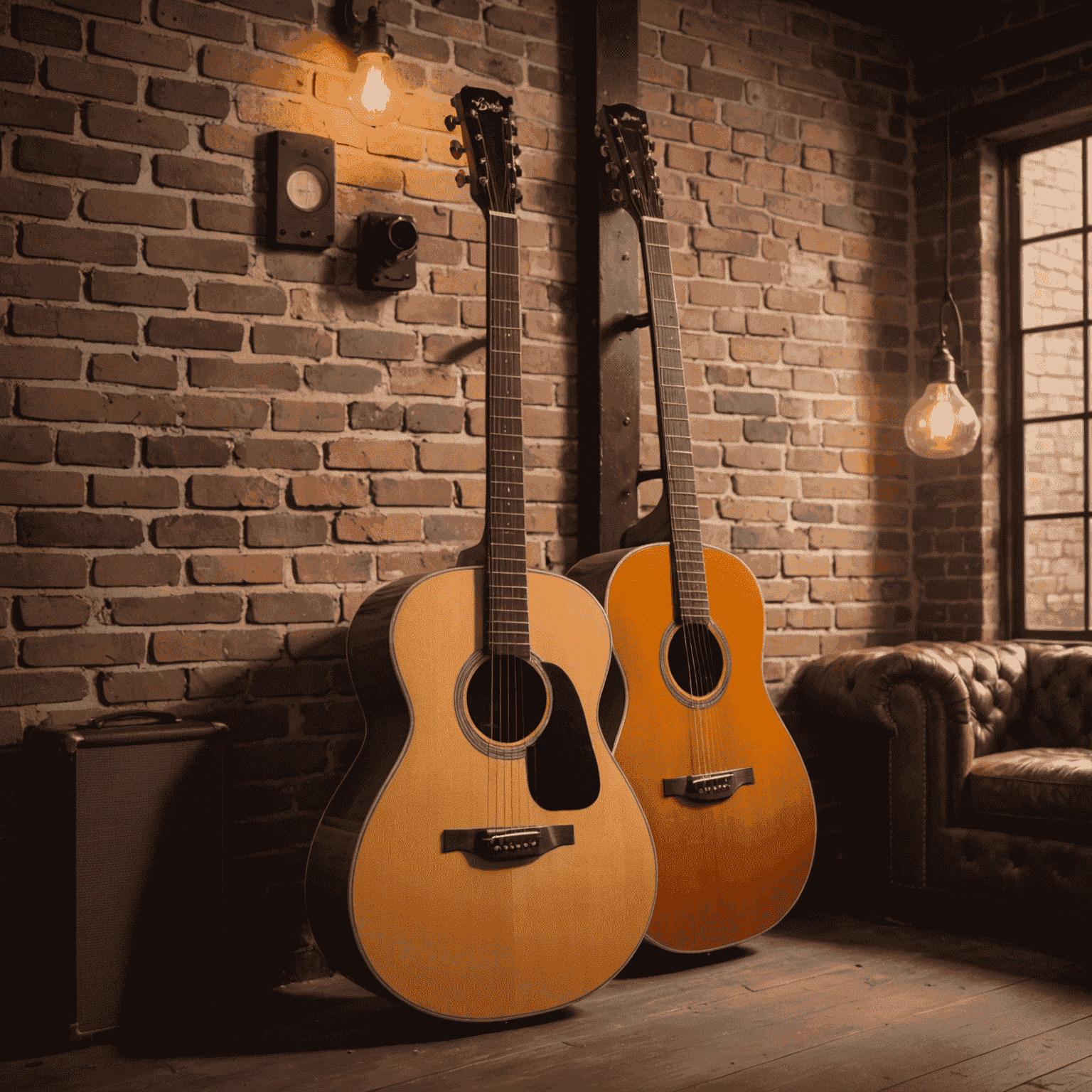 A vintage acoustic guitar leaning against a brick wall in a loft-style room, with warm lighting and industrial decor elements visible