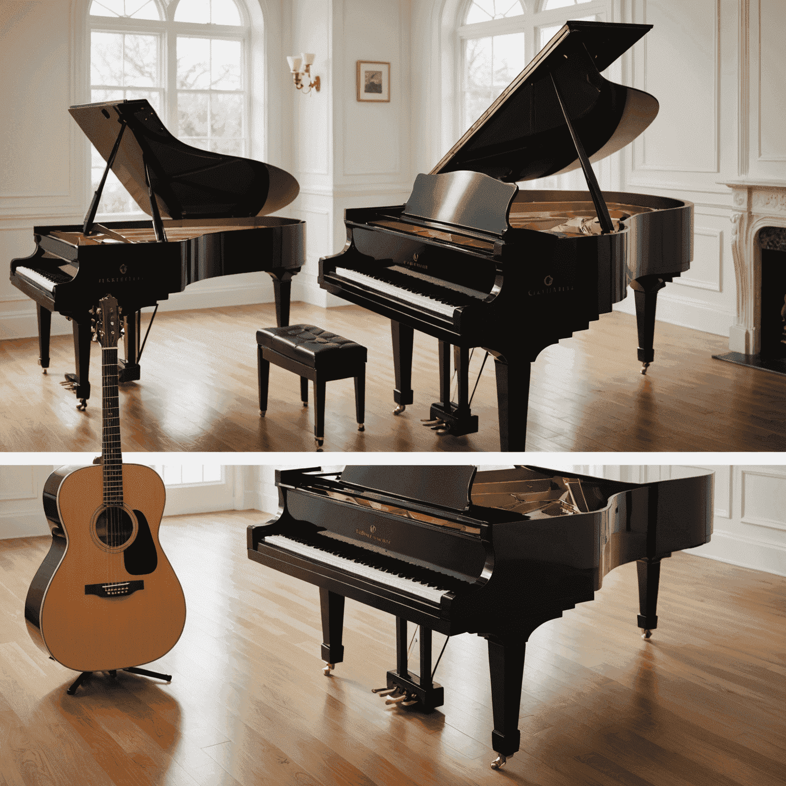 A split image showing a grand piano on the left and an acoustic guitar on the right, symbolizing the harmony between the two instruments