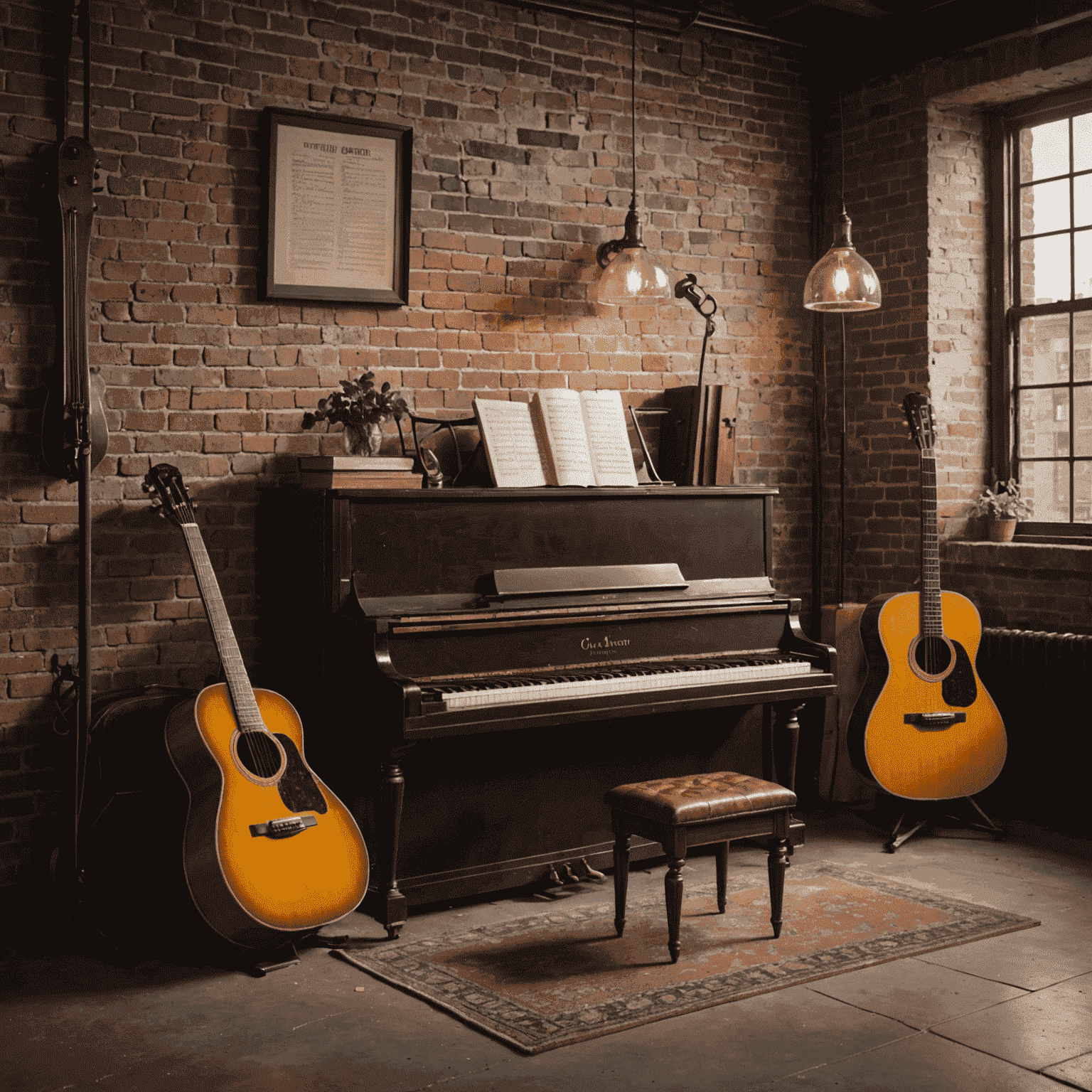 A vintage piano and guitar in an industrial loft setting, with exposed brick walls and warm lighting