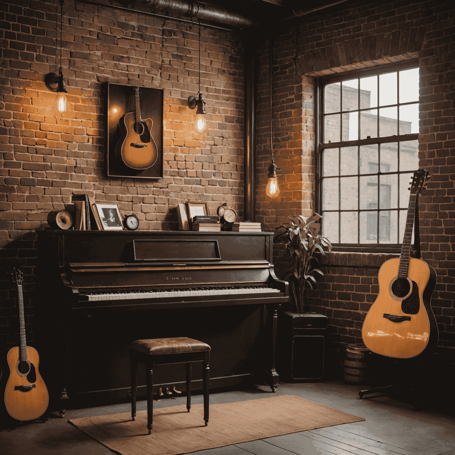 A vintage piano and acoustic guitar in an industrial loft setting, with exposed brick walls and warm lighting