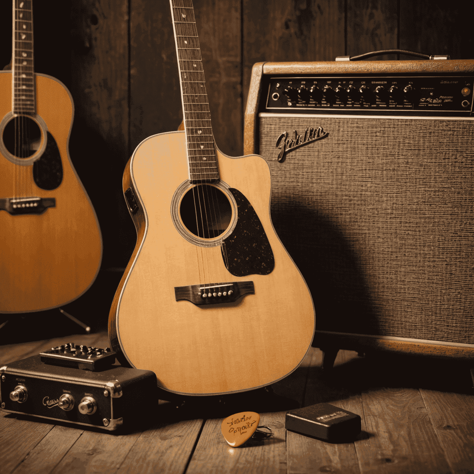 An acoustic guitar leaning against a vintage amplifier with a guitar pick on top, symbolizing the journey of learning to play guitar