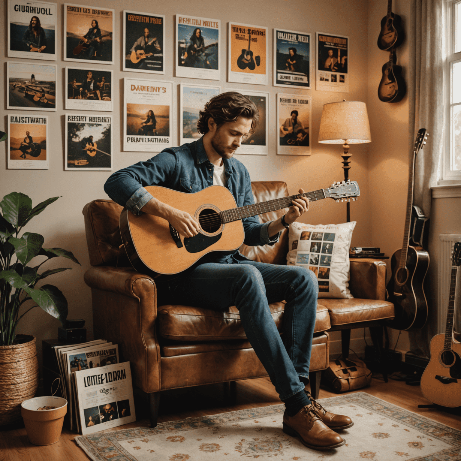 A person strumming an acoustic guitar, sitting on a comfortable chair in a cozy room with music posters and album covers on the walls, embodying the journey of mastering the guitar