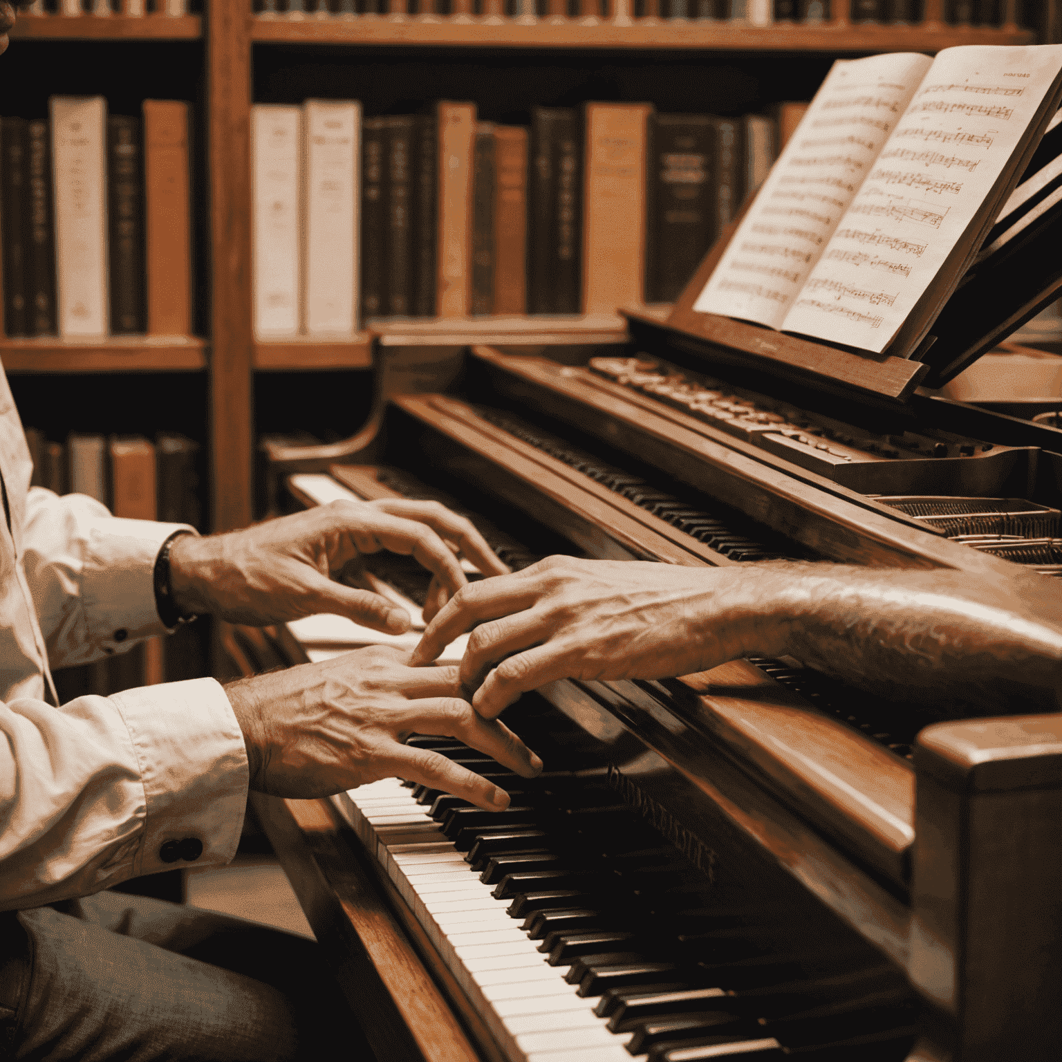 Close-up of hands playing a piano, with sheet music visible. The background shows industrial-style bookshelves filled with political biographies and music books.