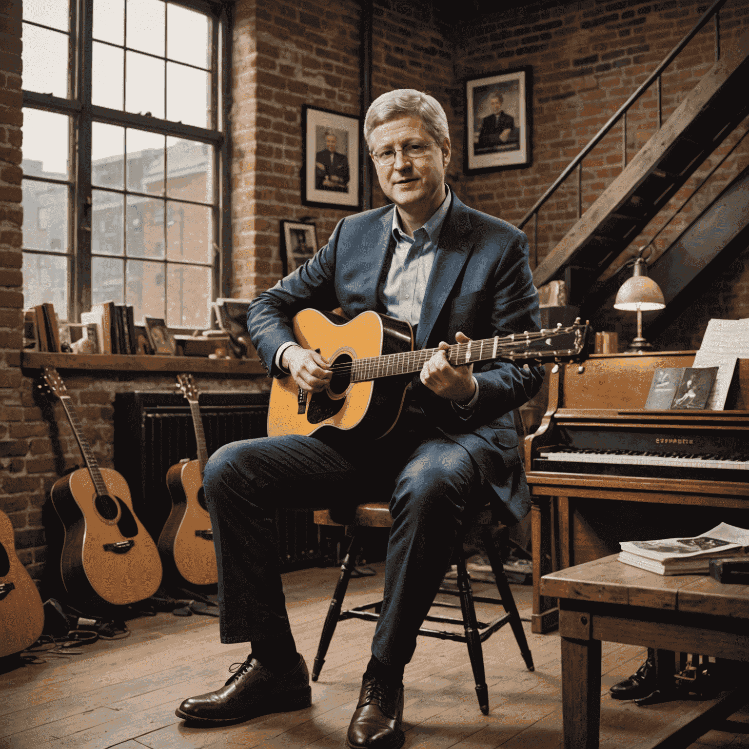 Stephen Harper sitting in a cozy, industrial-style loft, playing an acoustic guitar with a piano visible in the background, symbolizing the blend of his musical interests with his post-political life