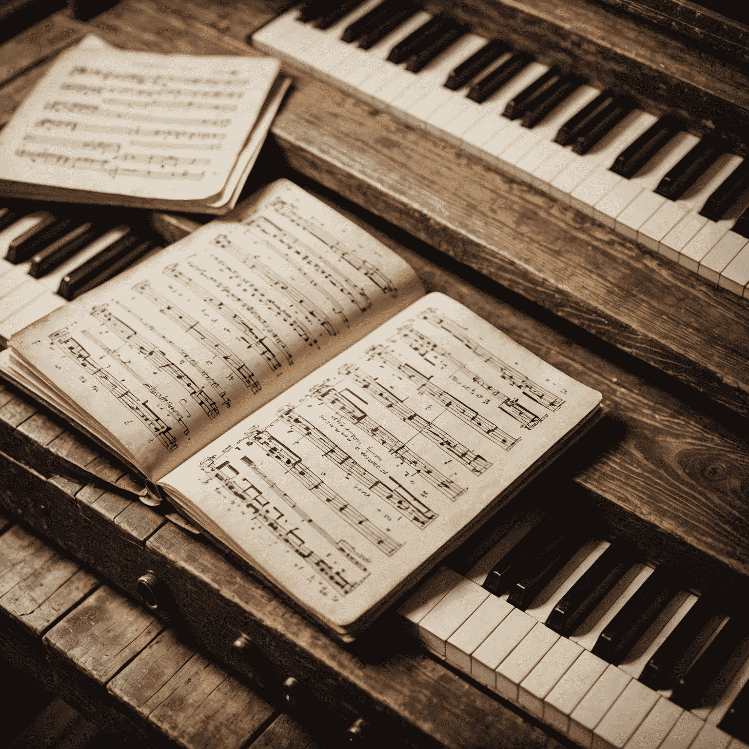 A close-up of sheet music showing key signatures, placed on a rustic wooden table in an industrial loft setting