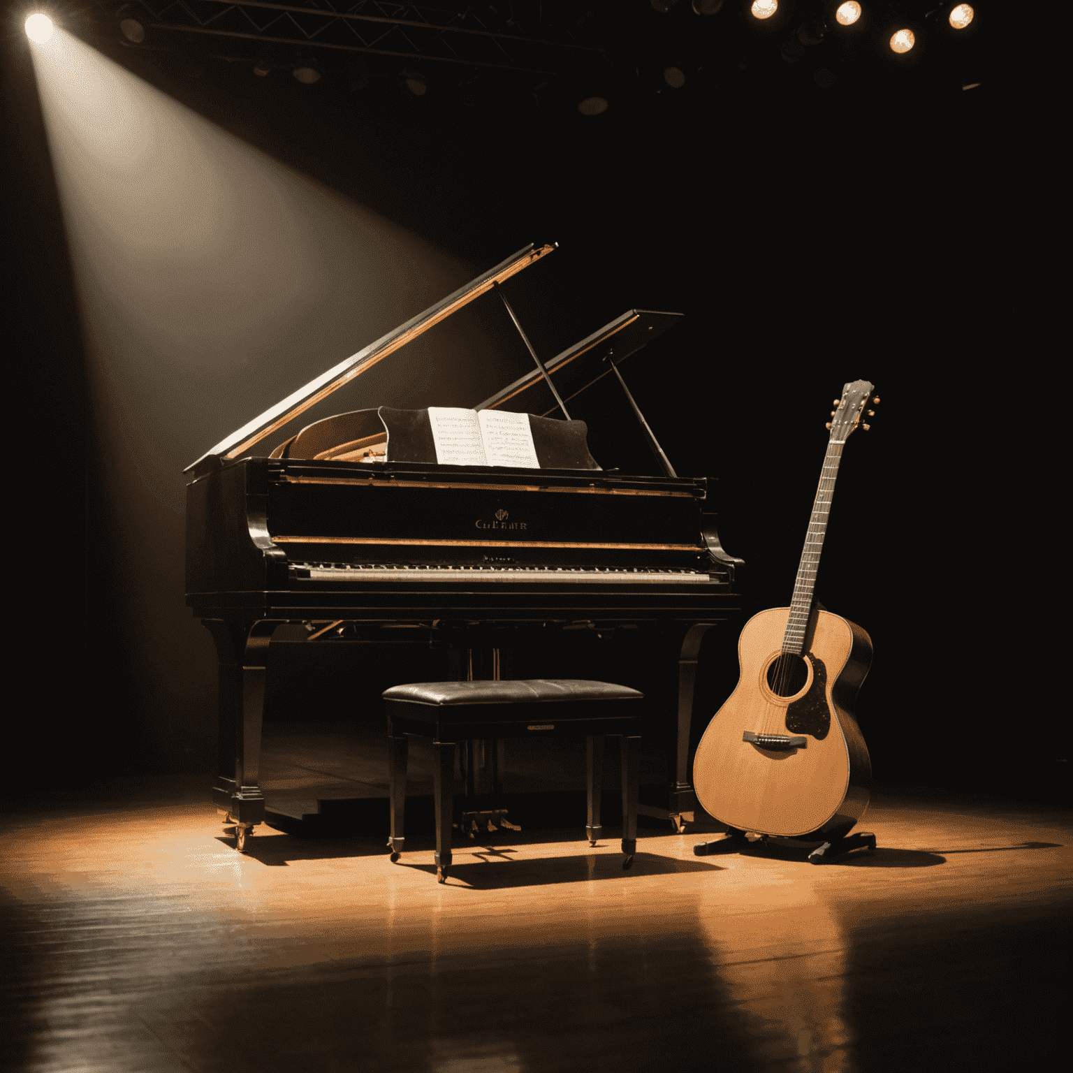 A piano and guitar side by side on a stage, spotlights shining on them, representing the harmony between the two instruments