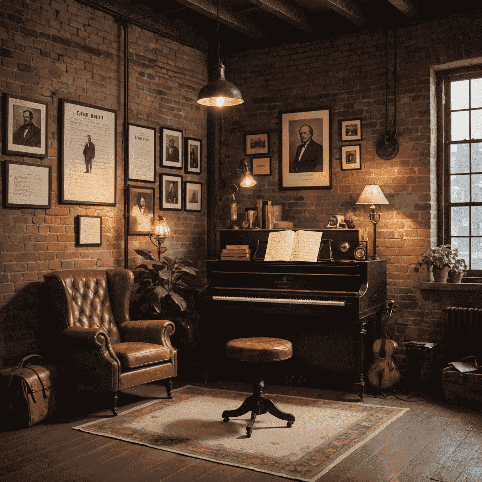 A cozy corner of an industrial loft with a upright piano, comfortable leather armchair, and a small table with political memoirs and sheet music. Warm lighting from Edison bulbs creates an inviting atmosphere.