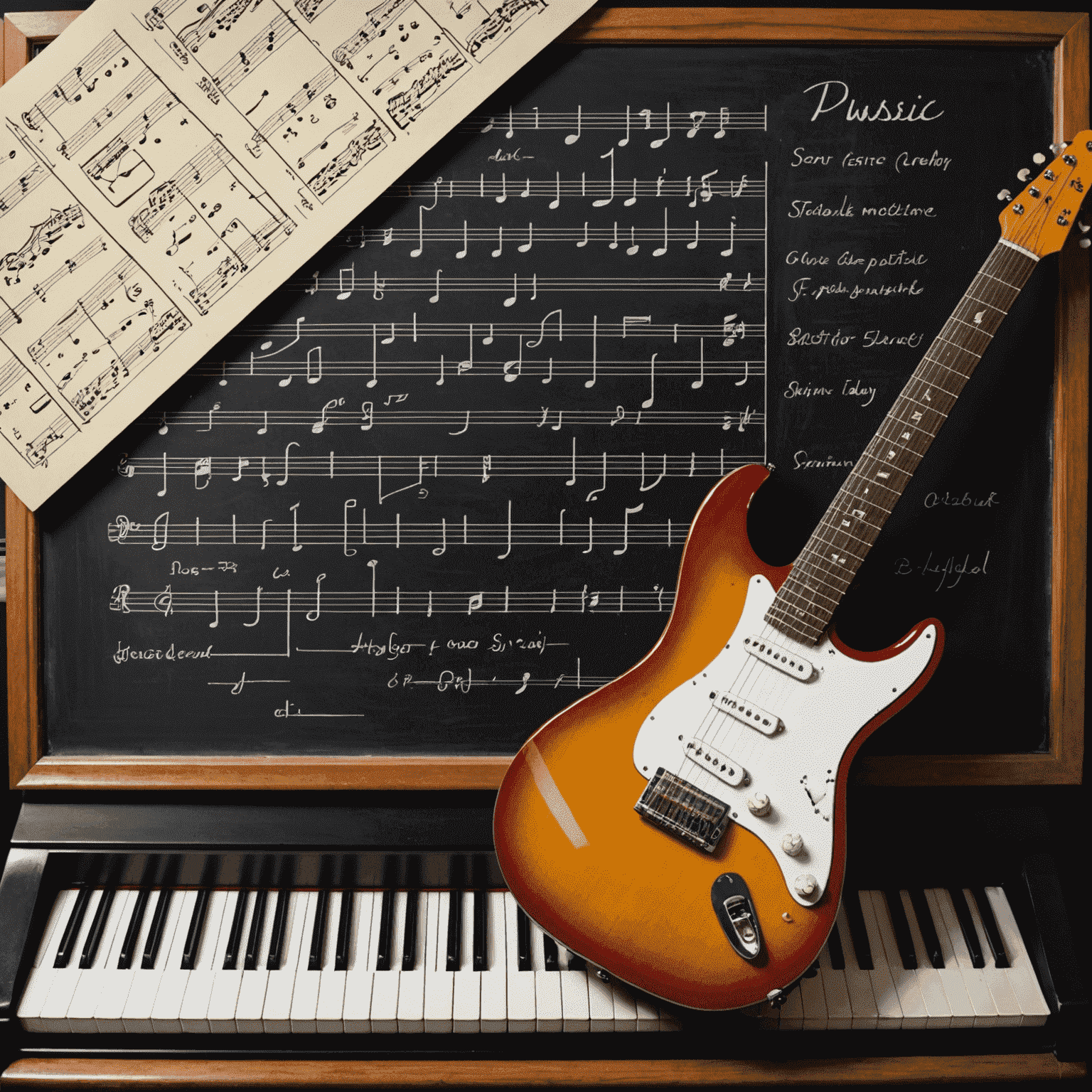 A chalkboard filled with music notation, chord diagrams, and theory concepts, with a piano keyboard and guitar neck visible in the foreground, representing music theory for hobby musicians