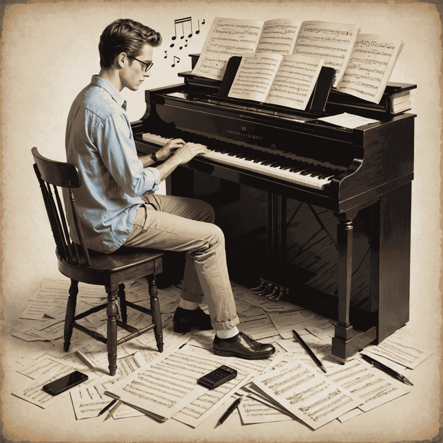 A person sitting at a desk with a piano keyboard, guitar, and computer, sheet music and handwritten notes scattered around, representing the process of composing original melodies